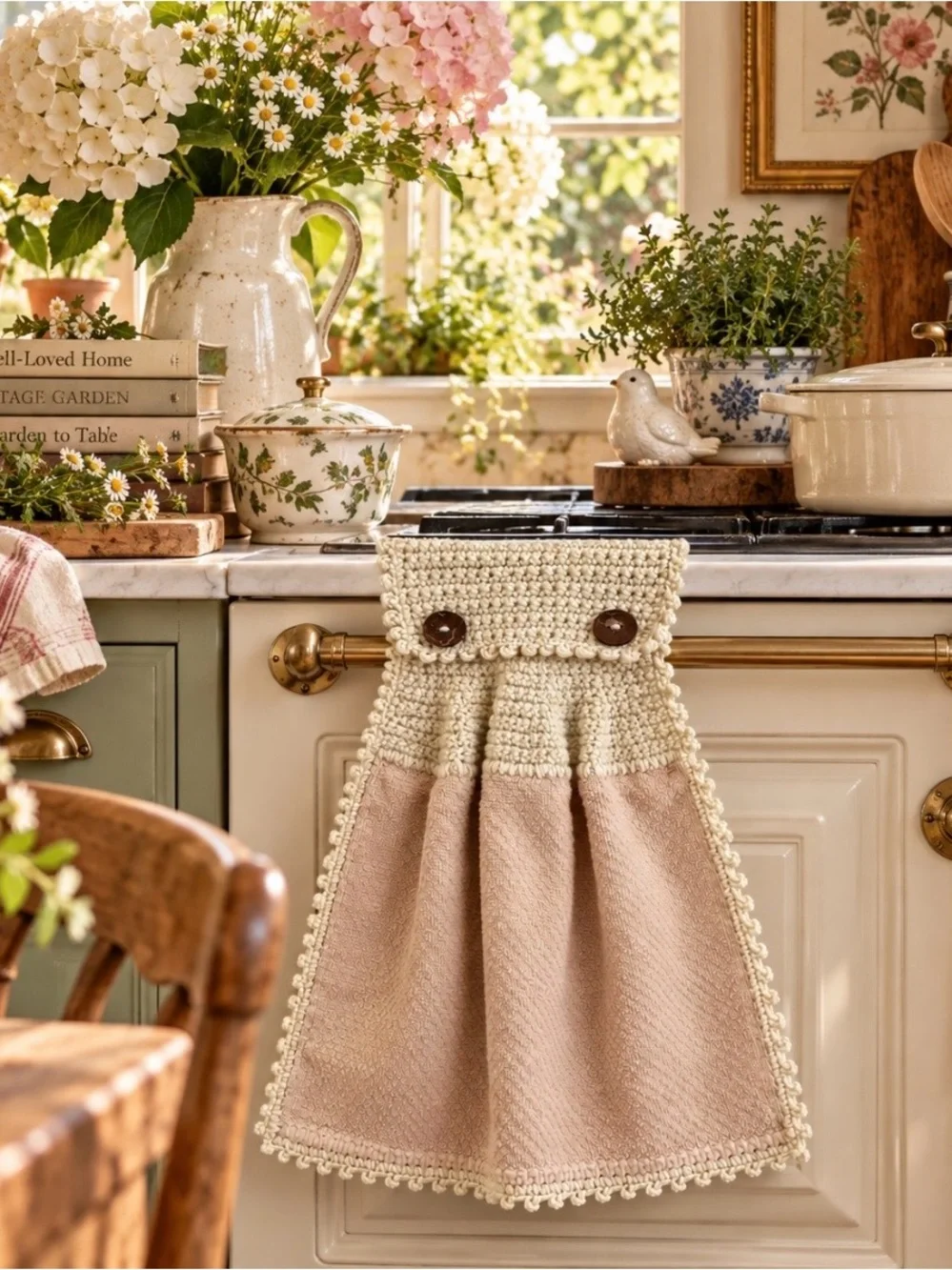 Handmade Neutral Beige Crochet Hanging Kitchen Towel